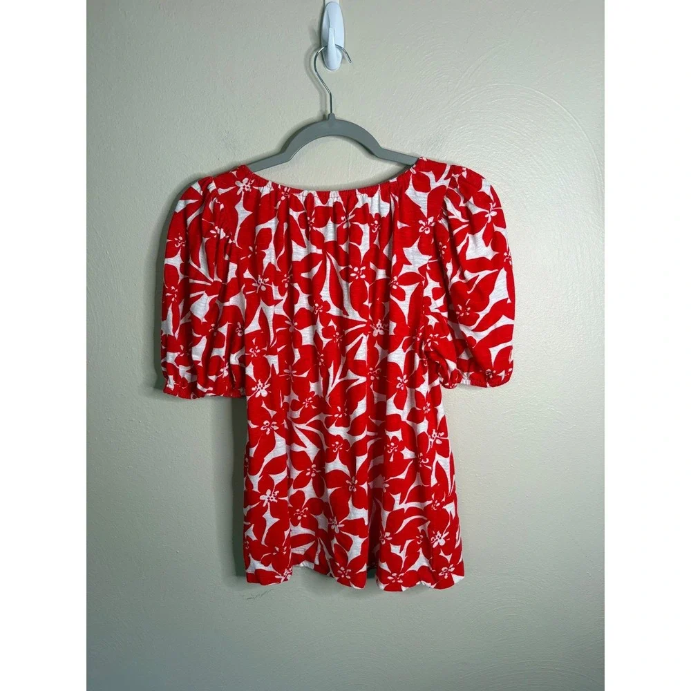 LOFT Floral Puff Sleeve Blouse Womens Medium Red White Cotton V-Neck Top Boho